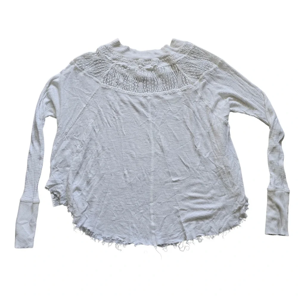 Free People White Long Sleeve‎ Waffle Knit Top Crochet Details Size M